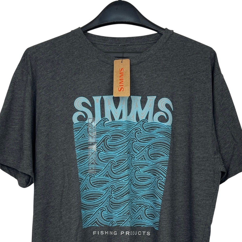 NEW Simms Mens M Wave T-Shirt Charcoal Heather Grey Graphic Fishing Tee